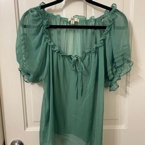 Ya Los Angeles Green Sheer Ruffle Blouse